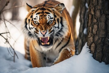 Angry ussurian tiger in a snowy forest
