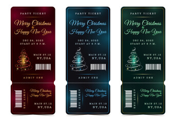 Set of Merry Christmas elegant vertical party ticket for admit one - obrazy, fototapety, plakaty