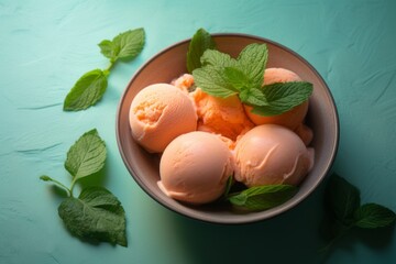 Peach fuzzy ice cream decorated with mint leaves. Generative AI