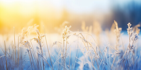 Beautiful gentle winter landscape, frozen grass on snowy natural background. Winter background with flowers covered snow crystals glittering in sunlight. Defocused winter landscape.	