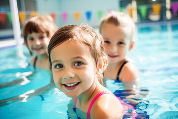 Diverse young children enjoying swimming lessons in pool, learning water safety skills, showing joy and camaraderie, representing a healthy lifestyle.	 - obrazy, fototapety, plakaty