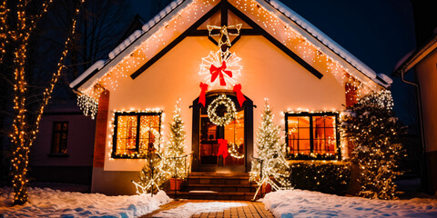 Beautiful winter night. House decorated with glowing lights for winter holidays. Night scene with fresh snow. Christmas and New Year holiday background.	
