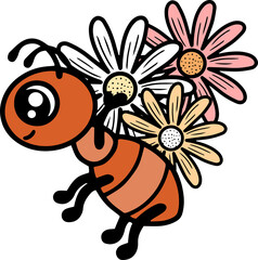 Ant working, summer day, leaves and flowers. Cute cartoon