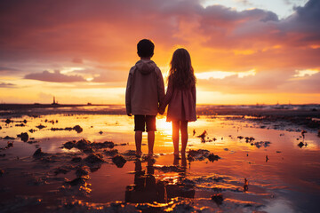 Two children on the beach at sunset. Generative AI - obrazy, fototapety, plakaty