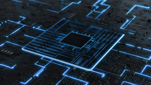 Circuit Board CPU Processor Starting Digitalization Process and Information Computing, Processing Bits of Data. Computer Graphics, AI, IOT