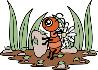 Ant working, summer day, leaves and flowers. Cute cartoon