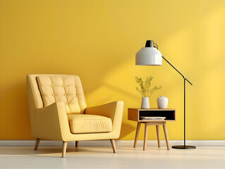Tufted armchair and coffee table with lamp near yellow wall