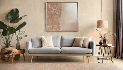 Grey sofa near beige stucco wall and big poster frame on it. Boho, rustic interior design of living rom