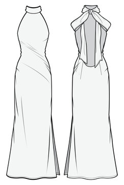 High Neck Back Bow Halter Neck Back Open Maxi Dress, Bridal Halter Neck Wedding Dress Front and Back View. Fashion Flat Sketch Vector Illustration, CAD, Technical Drawing, Flat Drawing, Template