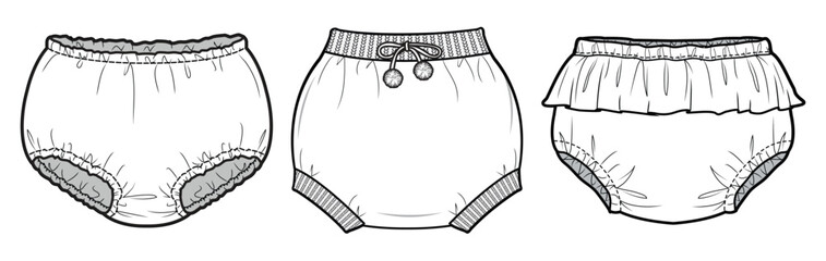 Kids Bloomers, Infant Diaper Shorts Set Fashion Flat Sketch Vector Illustration, CAD, Technical Drawing, Flat Drawing, Template, Mockup. - obrazy, fototapety, plakaty
