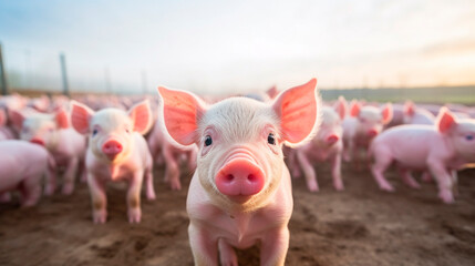 many pigs on the farm are looking at the camera.pig farm