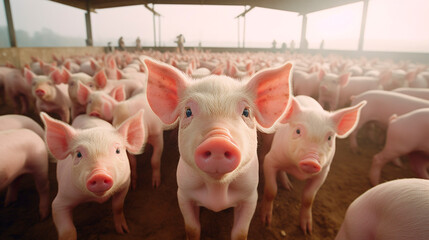 many pigs on the farm are looking at the camera.pig farm