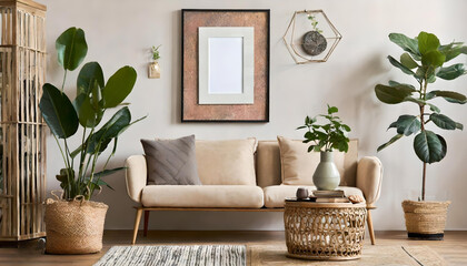 Living room interior with mockup poster frame, beige sofa, wooden Console, rattan sideboard