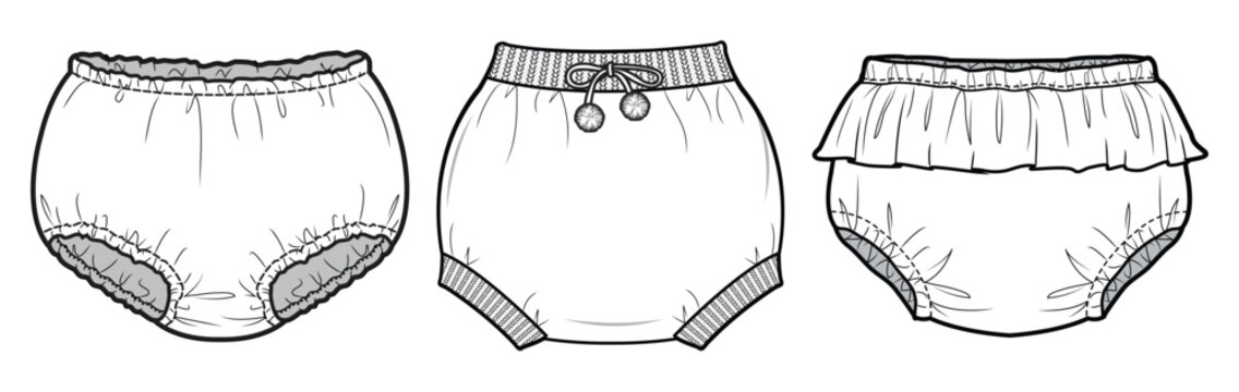 Kids Bloomers, Infant Diaper Shorts Set Fashion Flat Sketch Vector Illustration, CAD, Technical Drawing, Flat Drawing, Template, Mockup.