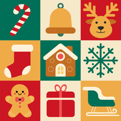 Christmas geometric seamless pattern. Colorful holiday icons elements. Modern winter design for greeting cards, posters, wrapping, pack paper.