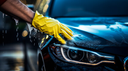 Close-up of hands washing a car - obrazy, fototapety, plakaty