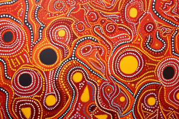 Abstract brightly colored aboriginal painting in red and yellow. Wavy lines and organic shapes.