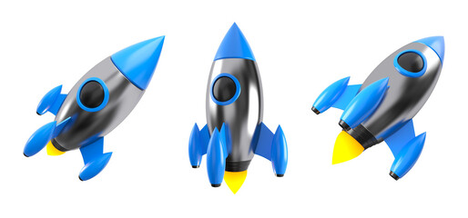 Set of blue and chrome rocket launching isolated. Spaceship of successful business startup concept. 3d rendering. © Volodymyr