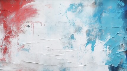 An intricate close-up featuring a blend of vibrant teal, blue, and red colors forming an urban wall texture, accentuated by bold white paint strokes