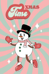 Merry Christmas and Happy New year cartoon. Comic funky character in trendy groovy retro style for print, wrapping paper, web sites, background, social media, blog, presentation and greeting cards.