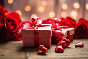 Obraz premium composition of red roses with gift boxes on table 