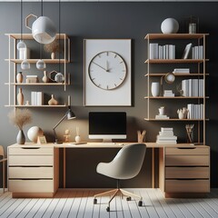 Minimalist interior, Minimal, A minimalist office with a desk, chair, and bookshelf
