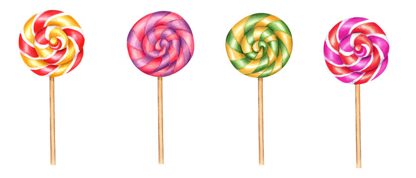 Multicolored spiral lollipops. Set of yellow, green stripes, pink and purple stripes. Bonbons with swirls, sugar caramel on stick. Watercolor illustration isolated on white. For candy shop design