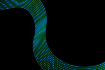 Turquoise blue shining neon wave of light with dotted stripes on black background. Abstract background with energy line in motion, light painting in futuristic style.