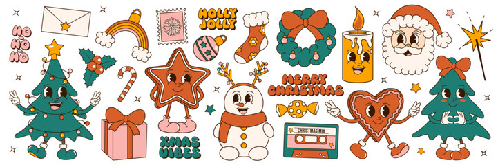 Merry Christmas. Groovy 70s Christmas sticker set. Trendy retro cartoon style elements and phrases