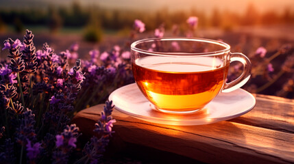 A cup of healthy lavender tea and lavender flowers on a wooden stump