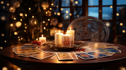 Mystical Tarot Cards and Candles on a Festive Christmas Table - obrazy, fototapety, plakaty