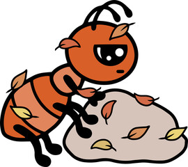 Autumn season ant working. Fall environment with golden leaves