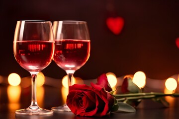 front view of wine glasses with red roses on table with bokeh lights background 