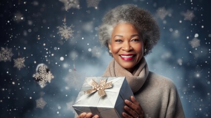 Beautiful mature woman 50, 60, 70 years old on a winter snowy background holding a large gift box, holiday christmas new year surprise, compliment bonus for birthday anniversary - obrazy, fototapety, plakaty