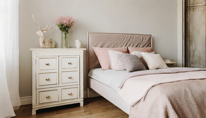 Bedroom interior with accent bedside cabinet near the bed with pastel bedding