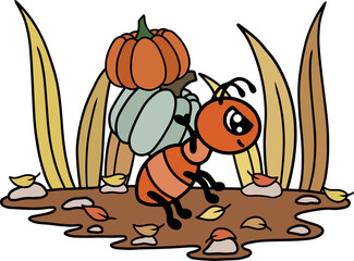 Autumn season ant working. Fall environment with golden leaves, pumpkins.