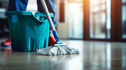 copy space, stockphoto, people Mopping an Office Floor, Mop Close-Up, Cleaner Cleans the Floors. Professional cleaning team cleaning floor in an office or business building. - obrazy, fototapety, plakaty