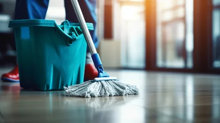 Fotobehang copy space, stockphoto, people Mopping an Office Floor, Mop Close-Up, Cleaner Cleans the Floors. Professional cleaning team cleaning floor in an office or business building. © Dirk