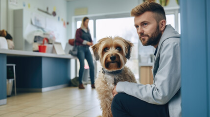 A man sitting on the floor with a dog. An owner with ill pet in a vet clinics.