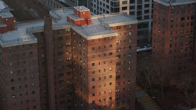 Aerial shot of a New York City public housing project on an autumn morning