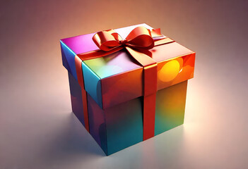 Colorfully crafted gift box with red ribbon.