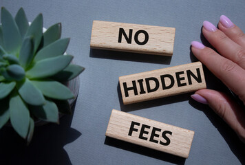 No Hidden Fees symbol. Concept words No Hidden Fees on wooden blocks. Businessman hand. Beautiful...