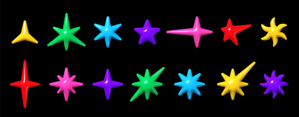 3D Y2K inflatable stars, glossy colorful plastic shapes, vector isolated elements set - obrazy, fototapety, plakaty