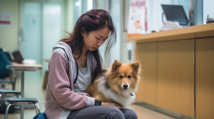 A woman sitting on the floor with a dog. An owner with ill pet in a vet clinics.