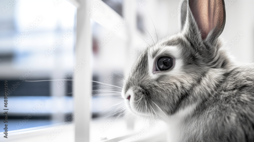 Poster a close up of a rabbit looking out a window.