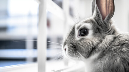 A close up of a rabbit looking out a window.
