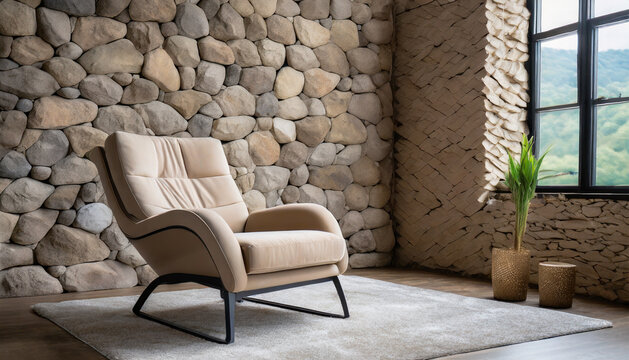 Beige fabric lounge recliner chair against stone cladding wall. Rustic minimalist home