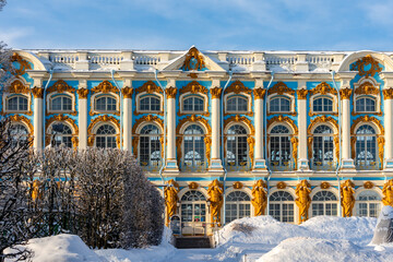 Catherine palace and park in winter, Pushkin (Tsarskoe Selo), Saint Petersburg, Russia - obrazy, fototapety, plakaty