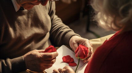 A man is making a rose out of paper. Romantic Valentine's day.