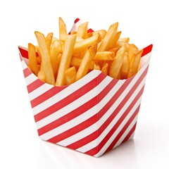 French fries in a red and white paper container.